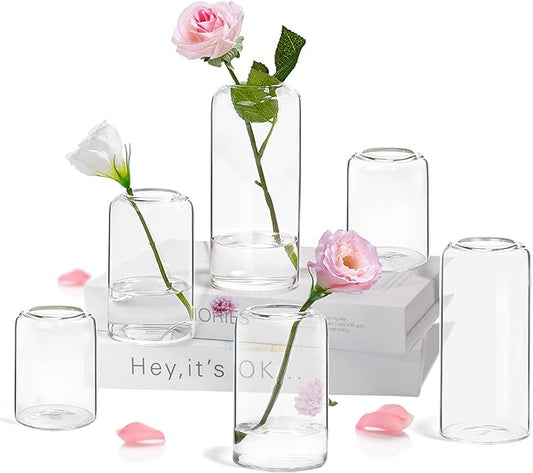 ZENS Bud Vases Set of 6, Modern Small Glasss Vase for Flower Clear Bud Vases in Bulk for Wedding Centerpiece, Blown Thicker Glass Small Vase for Flowers, Wedding Party Decorative, Home Bathroom Decor