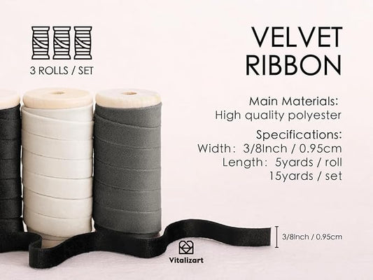 Vitalizart Velvet Ribbon Black White Set 3/8" x 15 Yd Wooden Spool Fabric Trim 3 Rolls * 5 Yd for Christmas Wreath Decoration Handmade Craft Ornaments Gift Wrapping & Bow Making