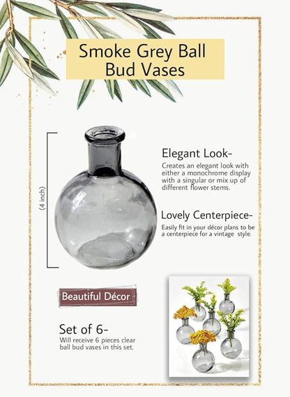 Serene Spaces Living Set of 6 Small Smoke Grey Ball Bud Vases, Transparent Glass Vases for Weddings, Events, Parties, Floral Centerpieces for Home Decor, Measures 4" Tall
