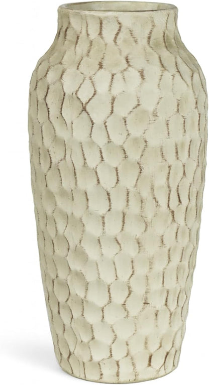 Rustic Beige Ceramic Vase for Flowers, Distressed Textured Vintage Farmhouse Decorative Vase for Pampas Grass, Eucalyptus, Table Centerpiece & Fall Home Decor