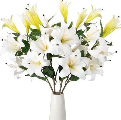 2PCS 37.7Inch White Artificial Lily Flowers With 10 Heads Lilies Faux Flowers for Floor Vase Wedding Home Party Indoor Table Hotel Office Vases Floral Arrangements Outdoor Party Garden Decor(White)