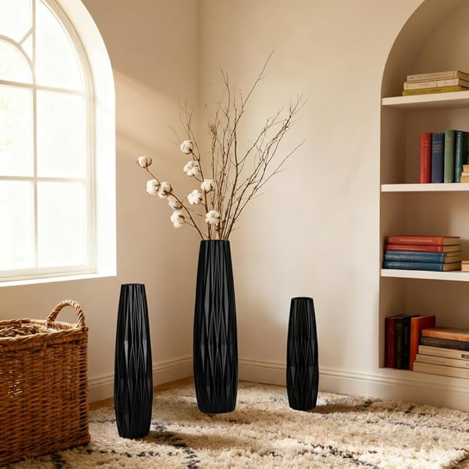 Black Ceramic Tall Floor Vase – 15.7" Modern Minimalist Decorative Large Vase for Living Room Corner, Entryway, or Office Home Decor