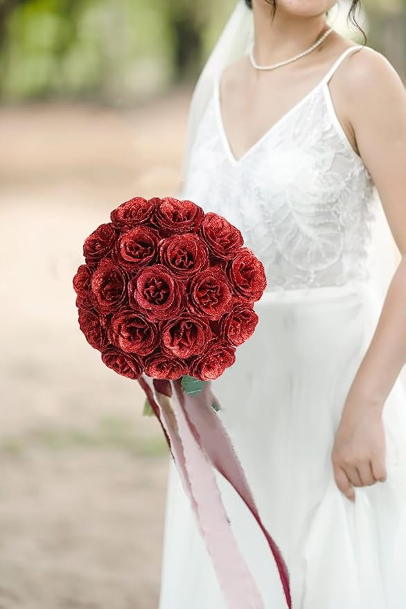 Artificial Roses, 30PCS Red Glitter Silk Roses for Wedding Bouquet, Party, Christmas, Home Decor