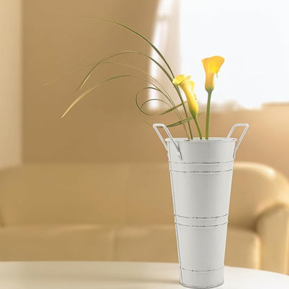 HOIGON 8 PCS Galvanized Metal Flower Vases, 9 Inch Rustic Farmhouse French Bucket with Handles,Metal Flower Holder for Weeding, Table, Home Decoration, White