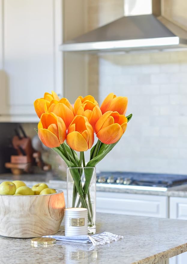 Briful Fake Flowers Artificial Tulip Flower Orange in Clear Vase, Real Touch Foam Tulip Arrangement Suitable for Home Office Decoration, Dining Table Centerpiece