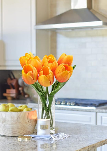 Briful Fake Flowers Artificial Tulip Flower Orange in Clear Vase, Real Touch Foam Tulip Arrangement Suitable for Home Office Decoration, Dining Table Centerpiece