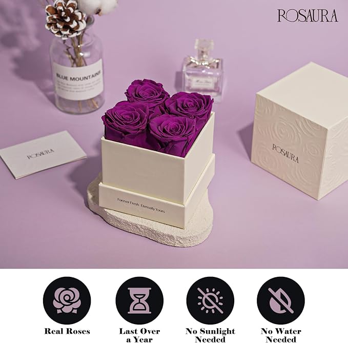 Rosaura 4-Piece Eternal Preserved Roses & Flowers Gift Box - Forever Lasting Real Roses, Preserved Flowers for Valentine's Day Purple