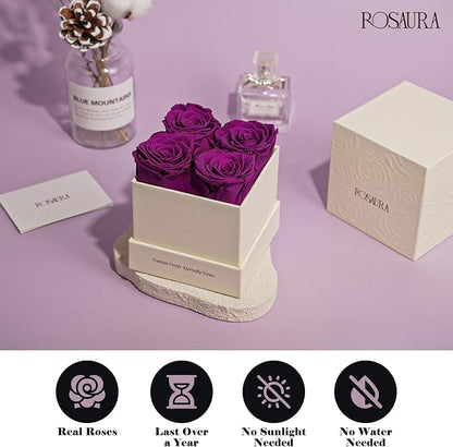 Rosaura 4-Piece Eternal Preserved Roses & Flowers Gift Box - Forever Lasting Real Roses, Preserved Flowers for Valentine's Day Purple