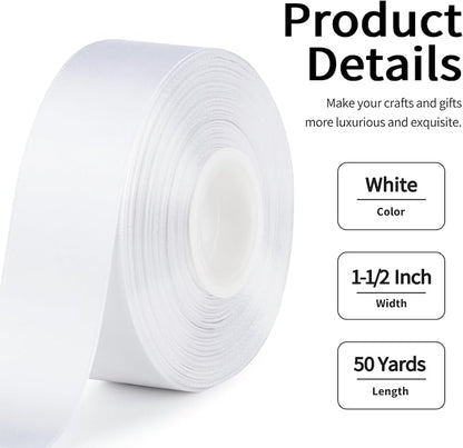 1-1/2 Inch Wide White Satin Ribbon, 50 Yards Solid Polyester Fabric Ribbon for Roses Making, Gift Wrapping, Christmas, Wedding Decorations, Crafts, Bows