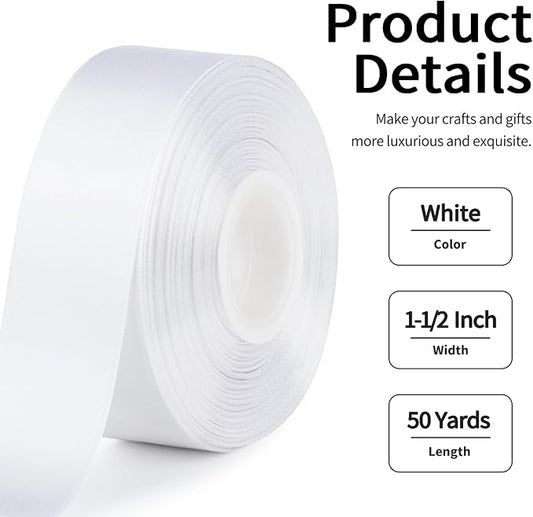 1-1/2 Inch Wide White Satin Ribbon, 50 Yards Solid Polyester Fabric Ribbon for Roses Making, Gift Wrapping, Christmas, Wedding Decorations, Crafts, Bows