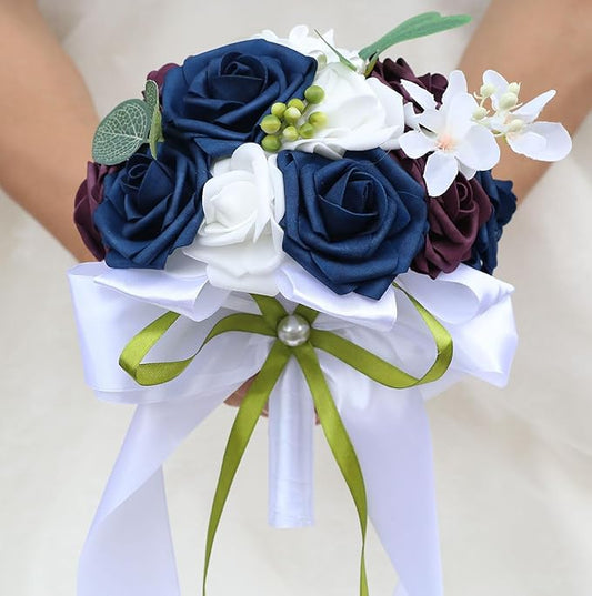 Lightweight Bridal Wedding Bouquet Round Holding Bouquet Throw Toss Artificial Rose Flower Bunch for Bride Bridesmaid Wedding Quinceanera (White, Navy & Dark Puce, 6.7")