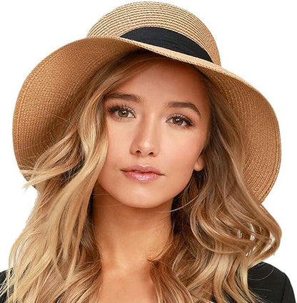 FURTALK Womens Beach Sun Straw Hat UV UPF 80+ Travel Foldable Brim Summer UV Hat
