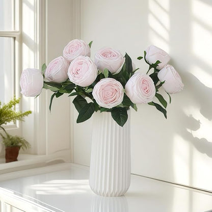 5Pcs Light Pink Real Touch Artificial Silk Flowers with Stems - Lifelike Latex Austin Rose Peony for Wedding Bouquets, Home Decor, DIY Floral Arrangements