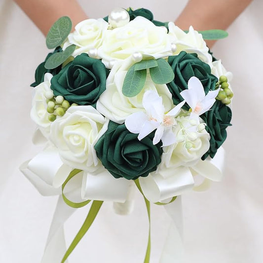 Lightweight Bridal Wedding Bouquet Round Holding Bouquet Throw Toss Artificial Rose Flower Bunch for Bride Bridesmaid Wedding Quinceanera (Cream & Dark Green, 9.1")