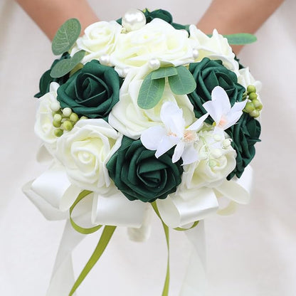 Lightweight Bridal Wedding Bouquet Round Holding Bouquet Throw Toss Artificial Rose Flower Bunch for Bride Bridesmaid Wedding Quinceanera (Cream & Dark Green, 7.9")