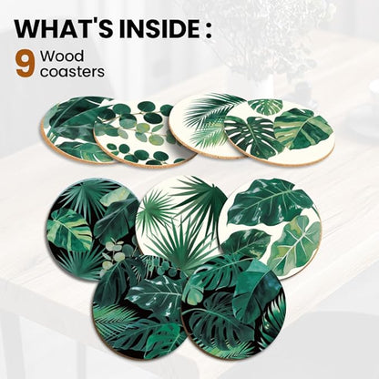 ANATTASOUL Coasters Set of 9 Tropical Leaves Pattern Colorful Wooden Coasters Bulk Round Housewarming Gift for New Home, 3.9" Decorative Coffee Table Protection for Farmhouse Bar House Decor