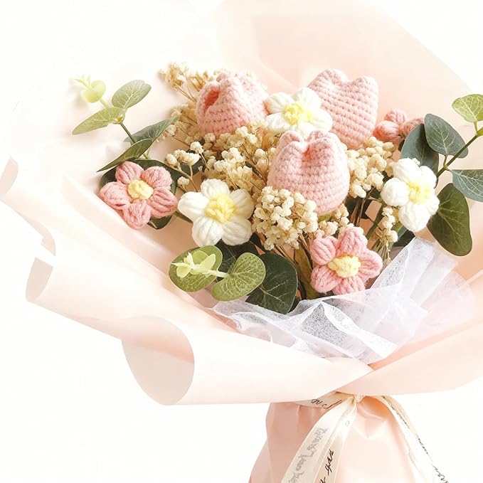 Crochet Flower Bouquet Handmade Knitted Sunflower Tulip Rose Daisy