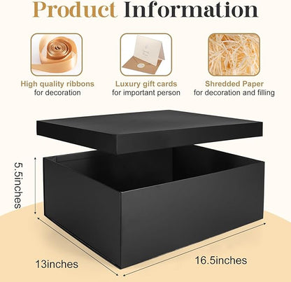 Gift Box, 16.5x13x5.5 inches Large Black Gift Boxes with Lids for Presents, Birthday Box Contains Card Ribbon Shredded Paper Filler, Gift Wrap Boxes for Valentine Mother's Day Christmas Anniversary
