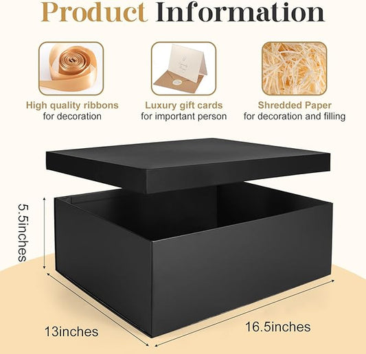 Gift Box, 16.5x13x5.5 inches Large Black Gift Boxes with Lids for Presents, Birthday Box Contains Card Ribbon Shredded Paper Filler, Gift Wrap Boxes for Valentine Mother's Day Christmas Anniversary