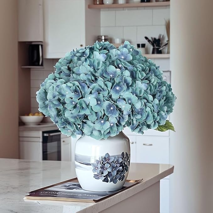 2Bouquets Artificial Fake Flowers Plants Silk Hydrangea Arrangements Wedding Bouquets Decorations Plastic Floral Home Kitchen Garden Party Festival Bar DIY (Acid Blue,5Flower Heads)