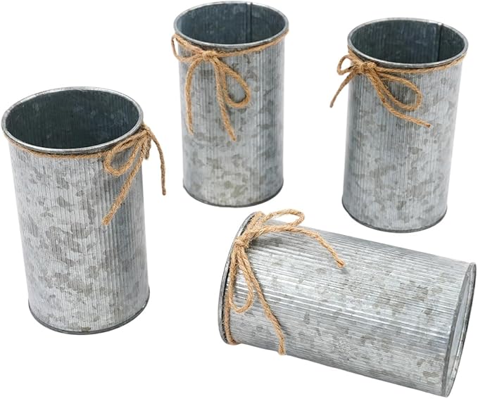 6inch High Farmhouse Vase Decor,Vintage Flower Vase with Twine Bow Rustic Metal Buckets for Artificial Flowers for Table Centerpiece Weddings