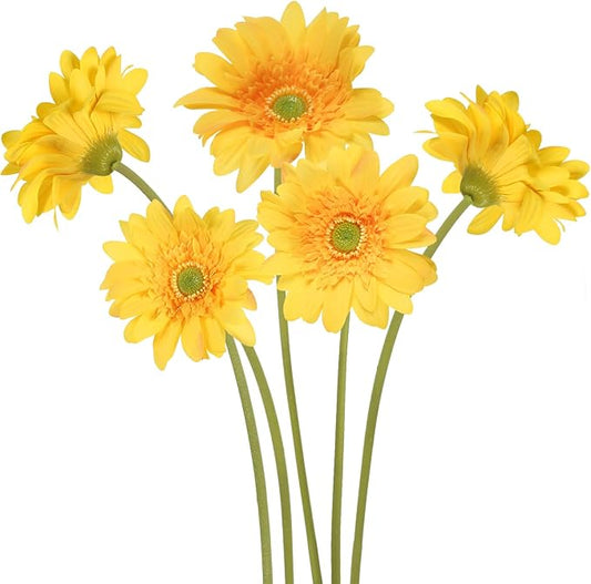 Yellow Gerbera Daisy Artificial Flowers – Real Touch Latex Silk Daisy Flowers 5PCS, 26.7" Long Stem Artificial Flowers for Summer Centerpieces, Home Decor Indoor, or Fake Wildflower Displays