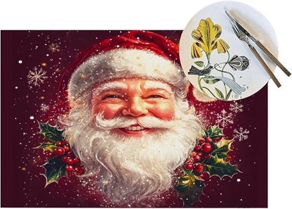 PVC Placemats Set of 4 Wipeable Table Mats Washable Heat Resistant Non Slip Vinyl Dining Table Mat for Kitchen Indoor Outdoor Patio Farmhouse Place Mats Santa Claus Red Xmas Decorative