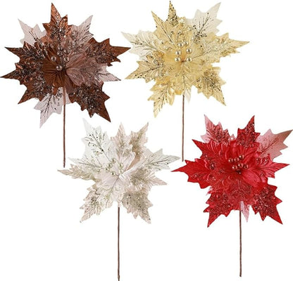 Artificial Flannel Sequin Christmas Flower Ornament, 30x35cm Glitter Holiday Tree Decoration for Wreaths Garlands and Party Arrangements Champagne