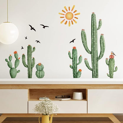 Boho Cactus Wall Decals Boho Sun Wall Stickers Tropical Cacti Green Plants with Birds Wall Decals for Living Room, Bedroom, Kitchen, Dining Room