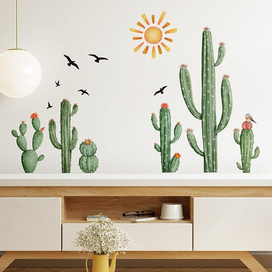 Boho Cactus Wall Decals Boho Sun Wall Stickers Tropical Cacti Green Plants with Birds Wall Decals for Living Room, Bedroom, Kitchen, Dining Room