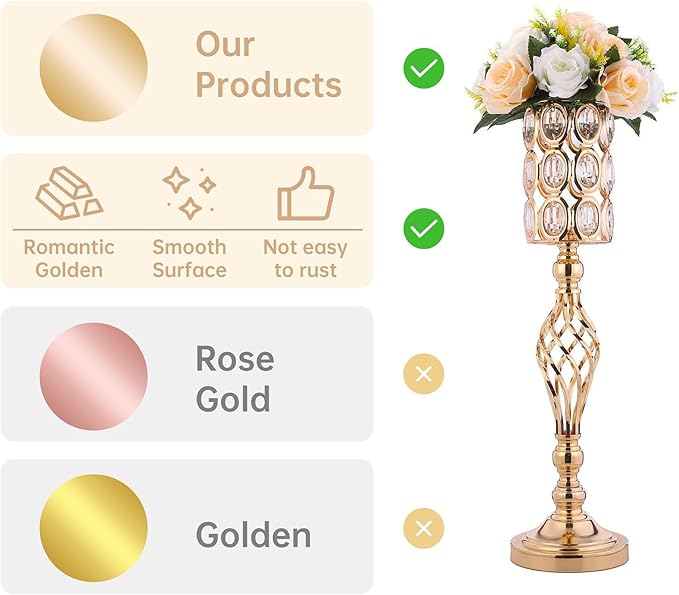 Set of 10 Metal Diamond Crystal Wedding Centerpiece Vases for Tables, 24in Gold Versatile Tall Flower Holders Centerpiece Flower Stands for Wedding Party Reception Dining Room Living Room Décor