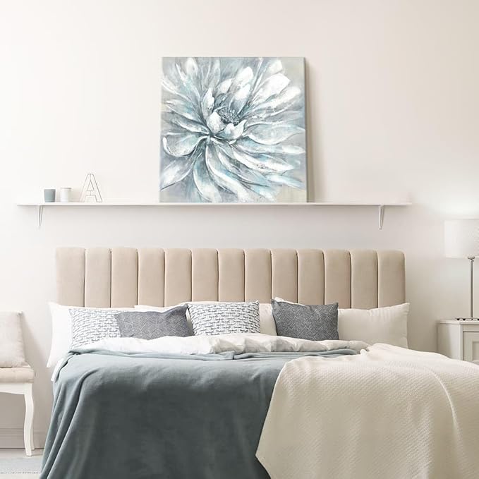 Large Floral Canvas Wall Art: Abstract Living Room Gallery Artwork Modern Elegant White Flower Painting Contemporary Silver Blue Peony Prints Gray Nature Botanical Picture