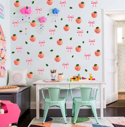 Watercolor Peach Wall Stickers, Peach with Pink Bow Vinyl Wall Decals, Removable Summer Fruit Wall Art for Girls Bedroom Kitchen Toddler Room Decor
