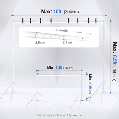 EMART Backdrop Stand 10x8.5ft(WxH) Photo Studio Adjustable Background Stand Support kit with 2 Crossbars, 8 Clamps, 2 Sandbags and Carry Bag for Parties, Events Decoration, Wedding, Photography -White