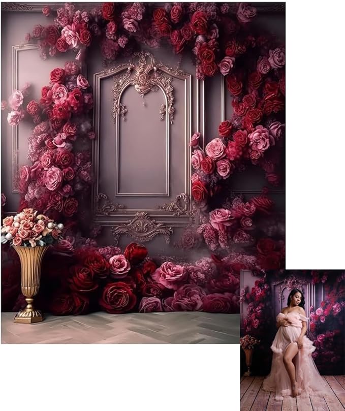 Kate 8x10ft Pink Red Rose Flowers Decoration Photography Backdrops Modern Interior European Style Wall Photo Background Wedding Portrait Backdrop Shooting