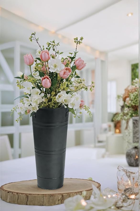 9 Inch Galvanized Metal Vases for Flowers - 6 Pcs Farmhouse Decorative Tall Flower Bucket with Handles, Rustic French Tin Planter Buckets for Wedding Decor (Galvanized Black)