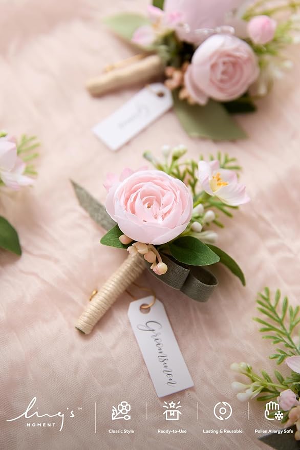 Ling's moment Boutonniere for Men, 6pcs Groom Groomsmen Boutonniere, Artificial Flowers for Wedding Decor/Prom/Homecoming, etc.Blush Pink