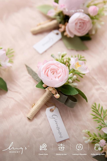 Ling's moment Boutonniere for Men, 6pcs Groom Groomsmen Boutonniere, Artificial Flowers for Wedding Decor/Prom/Homecoming, etc.Blush Pink