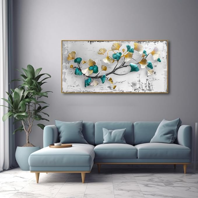 Wall Art Ginkgo Leaf Modern Botanical Artwork Canvas Painting for Living Room Bedroom Dining Room Home Office Decor 30"x60" with Framed