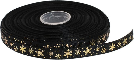 Gold Printing Snowflake Grosgrain Ribbon 25 Yard Each Roll 100% Polyester Woven Edge (3/8", Black)