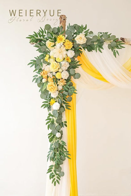 Deluxe Yellow Artificial Wedding Arch Flowers with Drapes Kit-Pack of 5, 2pcs Flower Arrangements 3pcs Hanging Sheer Drapes Yellow Ceremony Arbor Reception Backdrop Rose Floral Decorations.