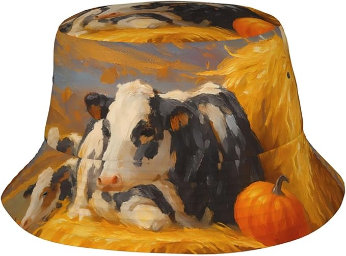 Rustic Autumn Cows and Pumpkins Bucket Hat Novelty Sun Hats Trendy Fisherman Cap for Men and Women