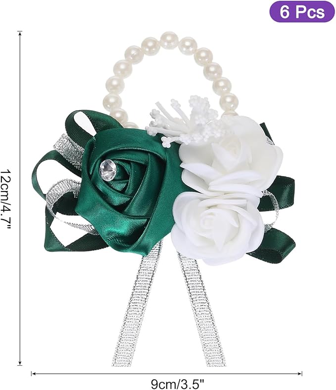MECCANIXITY 6Pcs Wrist Corsage Artificial Flower Bracelets Rose Wrist Bride Groom Decorative for Wedding Ceremony Prom Party Anniversary Dark Green