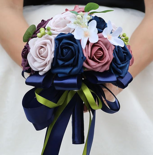 Lightweight Bridal Wedding Bouquet Round Holding Bouquet Throw Toss Artificial Rose Flower Bunch for Bride Bridesmaid Wedding Quinceanera (Navy, Smoky Rose, Light Taro & Dark Puce, 6.7")
