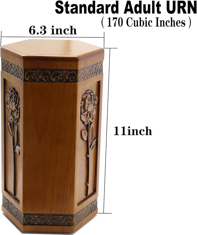 Urns for Wooden, Cremation Urn for Human Ashes Adult - Hand Engraving Rose Flower - Funeral Urn for Mother/Dad - Display Burial at Home or in Niche at Columbarium (Large Wood Decorative Urn
