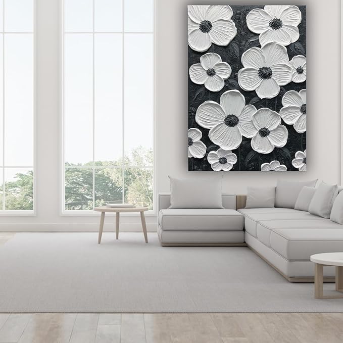 moshinart 30 x 45in Hand-Painted Oil Painting 3D Texture Black White Grey Modern Minimalist Black Abstract Wall Art, Home Office Wall Decoration Petal