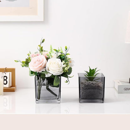Square Glass Vases Set of 9, 5" x 5" x 5" Grey Flower Vases for Centerpieces, Square Vase for Flowers, Small Vase for Wedding, Party, Home Office Decoration