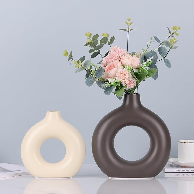 Brown and Cream Vase Decor Donut Vase Set of 2 - Circle Hollow Vases, Modern Matte Ceramic Vases for Entryway Living Room Bedroom Dining Table Centerpiece Office Home Decor