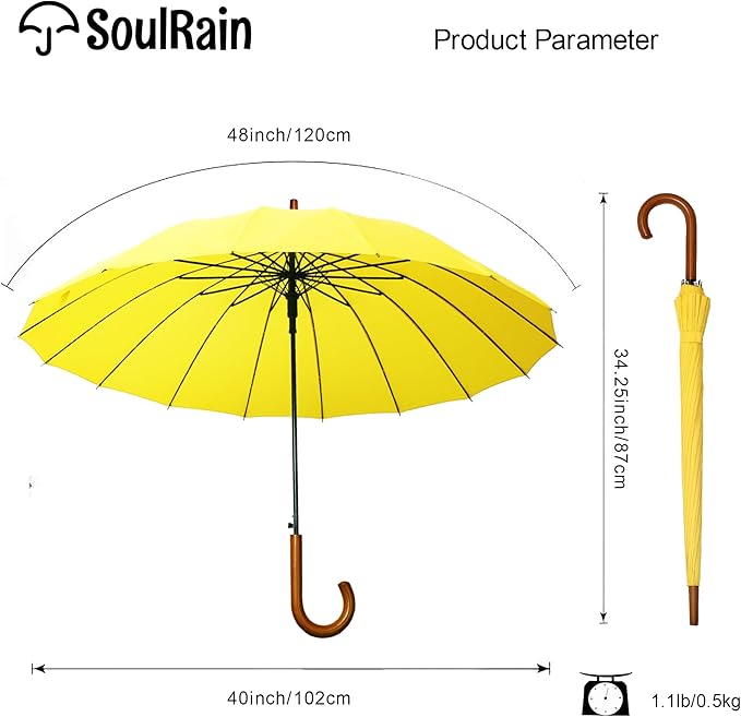 SoulRain 16 Ribs 48" Stick Umbrella Auto Open Solid Color Fashionable and Simple，Arc Classic Wood Handle，Windproof Unbreakable Stick Rain Umbrella