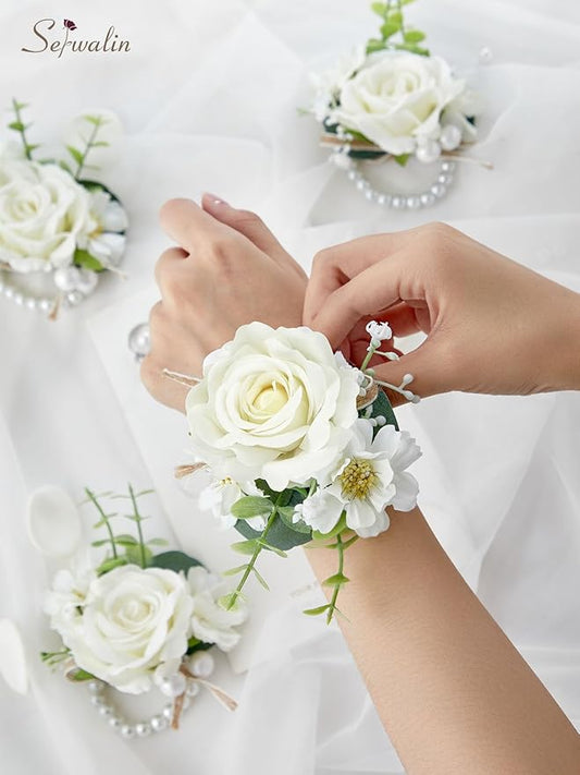 Serwalin 6 PCS Ivory Rose Wrist Corsages for Wedding, Corsages for Prom Homecoming Party Corsage Hand Decor for Bride Bridesmaids, Mother of Bride and Groom